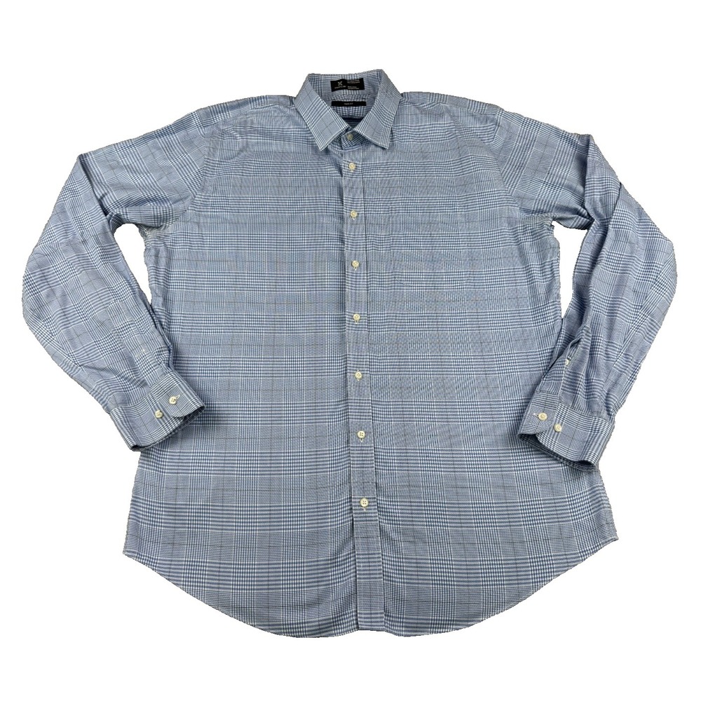 Nordstrom Men's Dress Shirt 17 36-37 Blue Check Trim Fit Smartcare Cotton